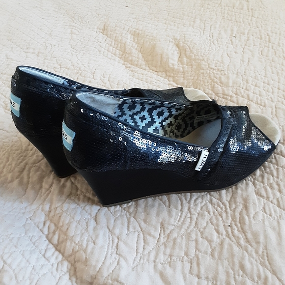 TOMS black open toe sequin covered wedge shoes. - Picture 2 of 5